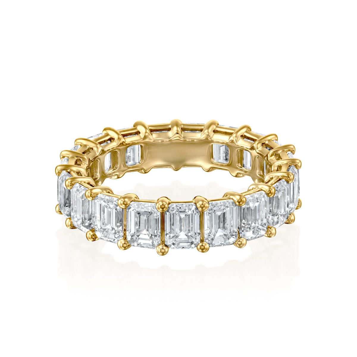 5ct Emerald Eternity. A Yellow Gold Eternity Ring Set With 5tcw Emerald Lab Grown Diamonds. White Background.