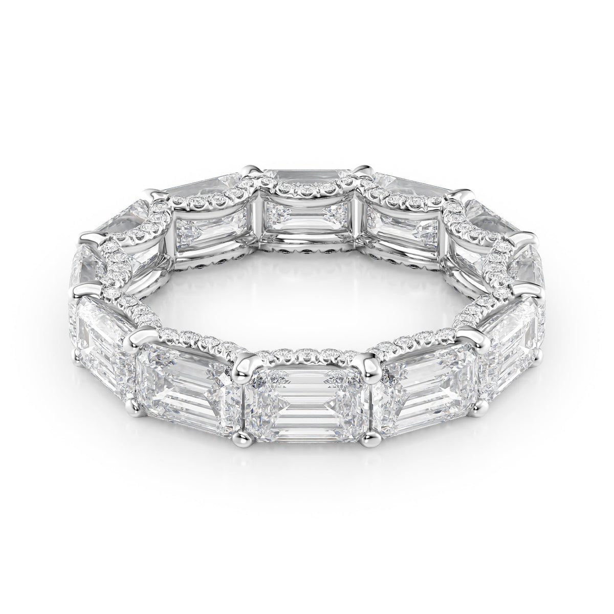 6.3ct East West Emerald U Pave Prong Eternity. A White Gold Eternity Ring Set With 6tcw Emerald Lab Grown Diamonds. White Background.