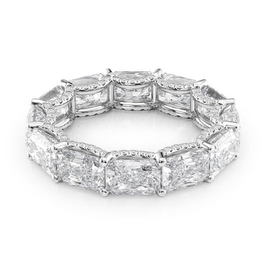 6.3ct East West Radiant U Pave Prong Eternity. A White Gold Eternity Ring Set With 6tcw Radiant Lab Grown Diamonds. White Background.
