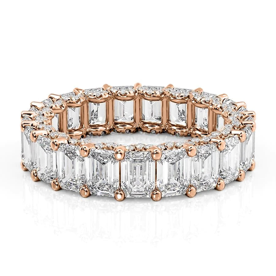 6.3ct Emerald U Pave Prong Eternity. A Rose Gold Eternity Ring Set With 6tcw Emerald Lab Grown Diamonds. White Background.