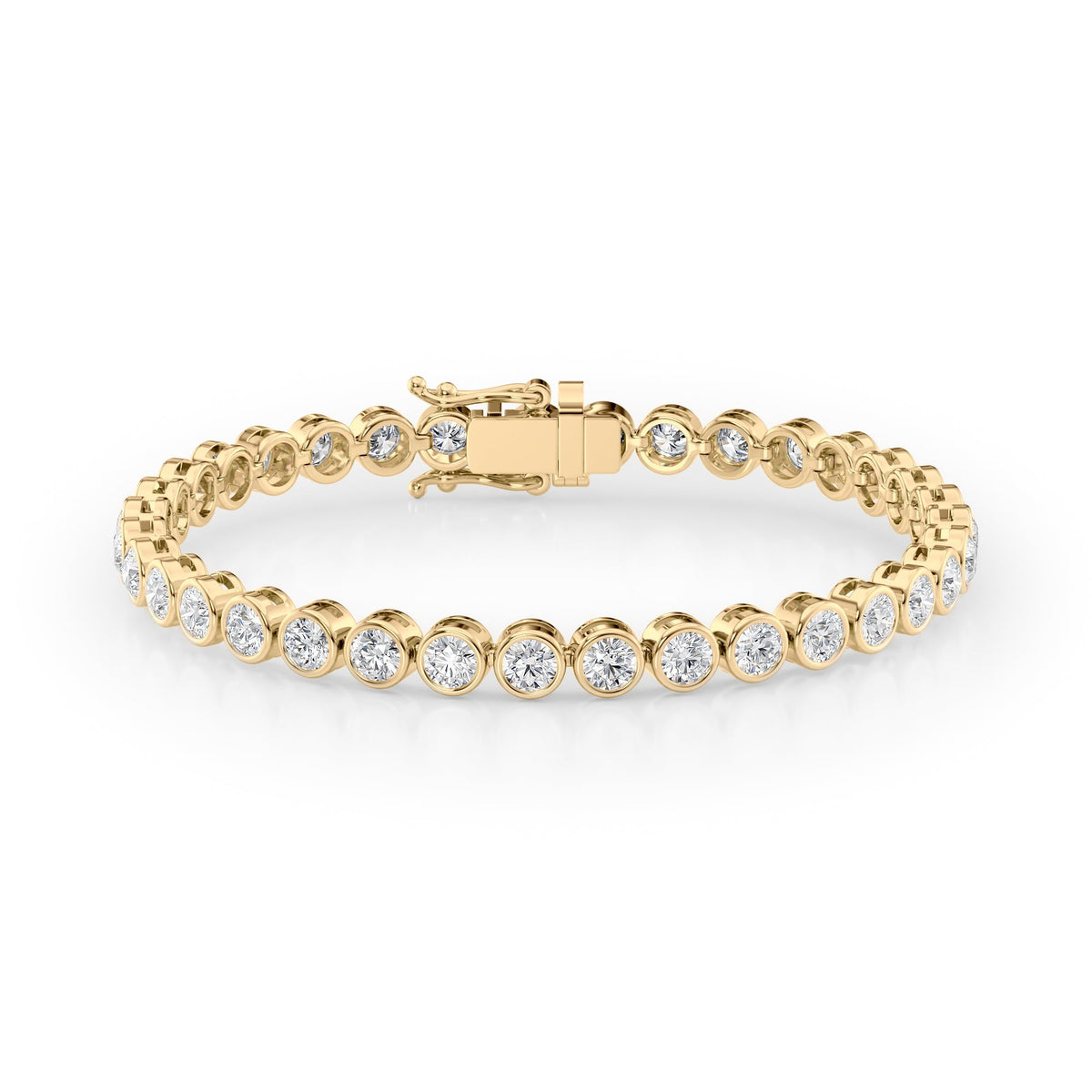 6.5ct Bezel Tennis Bracelet. A Yellow Gold Tennis Bracelet Set With 6.5tcw Round Lab Grown Diamonds. White Background.