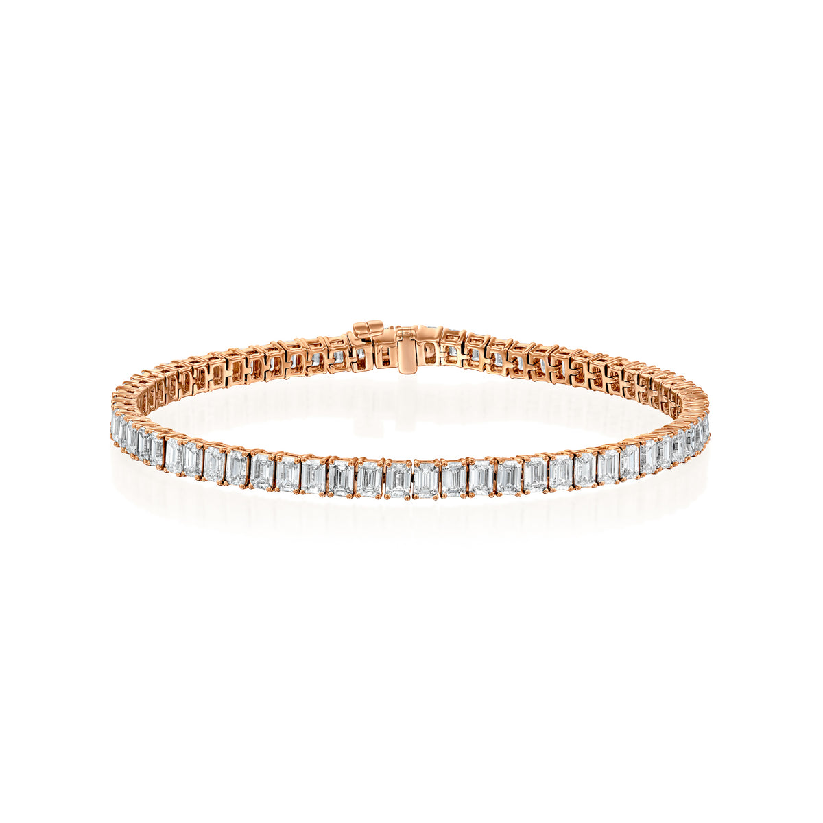 6.5ct Emerald Tennis Bracelet. A Rose Gold Tennis Bracelet Set With 6.5tcw Emerald Lab Grown Diamonds. White Background.