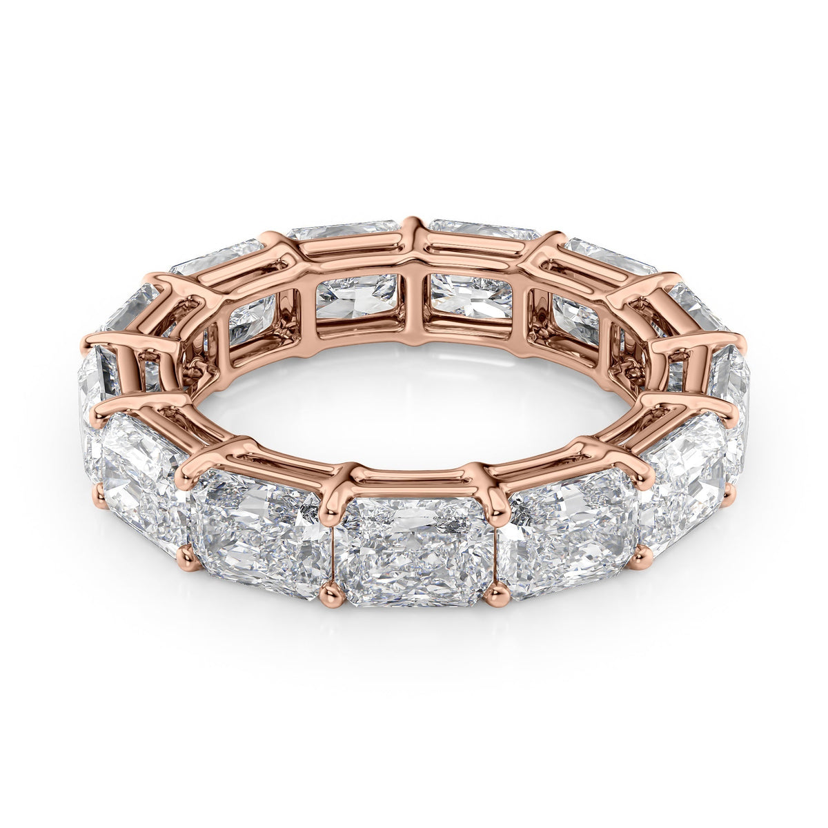 6ct East West Radiant Eternity. A Rose Gold Eternity Ring Set With 6tcw Radiant Lab Grown Diamonds. White Background.