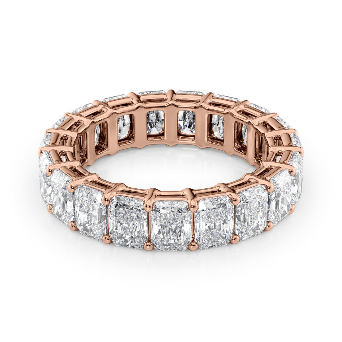 6ct Radiant Eternity. A Rose Gold Eternity Ring Set With 6tcw Radiant Lab Grown Diamonds. White Background.