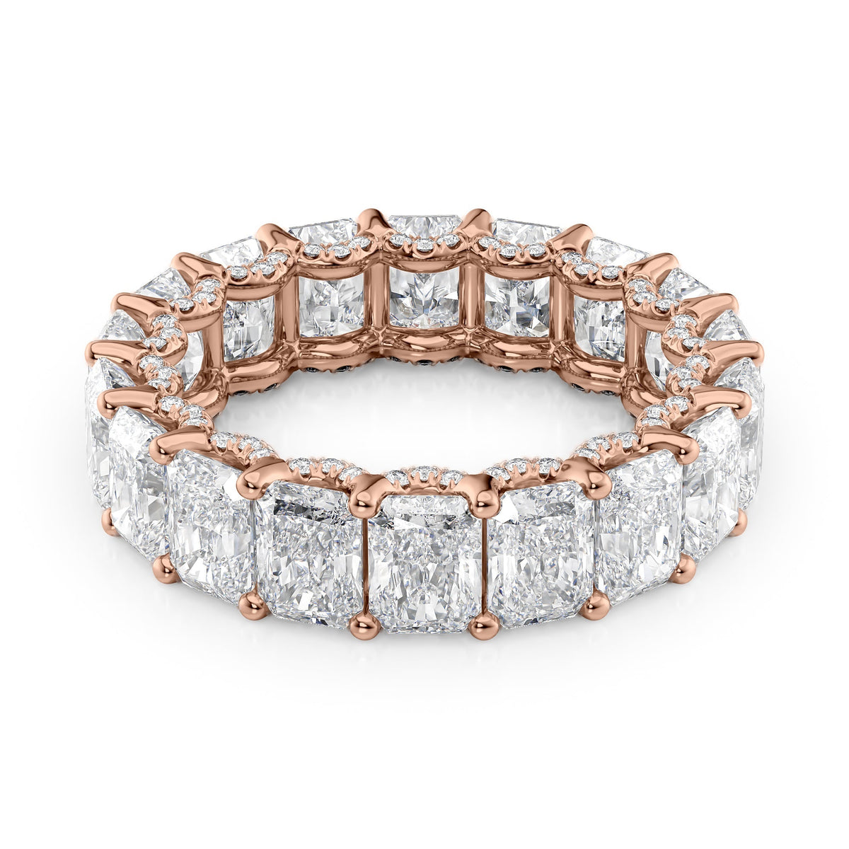 7.3ct Radiant U Pave Prong Eternity. A Rose Gold Eternity Ring Set With 7tcw Radiant Lab Grown Diamonds. White Background.