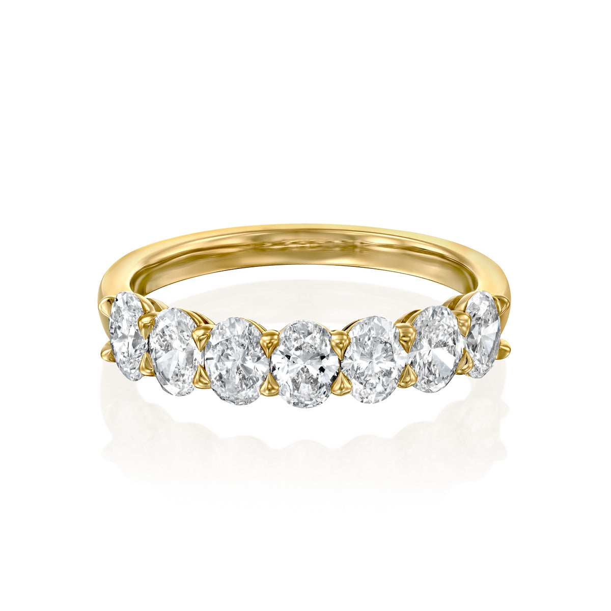 7 Stone 1.5ct Oval Anniversary. A Yellow Gold Anniversary Ring Set With 1.5tcw Oval Lab Grown Diamonds. White Background.