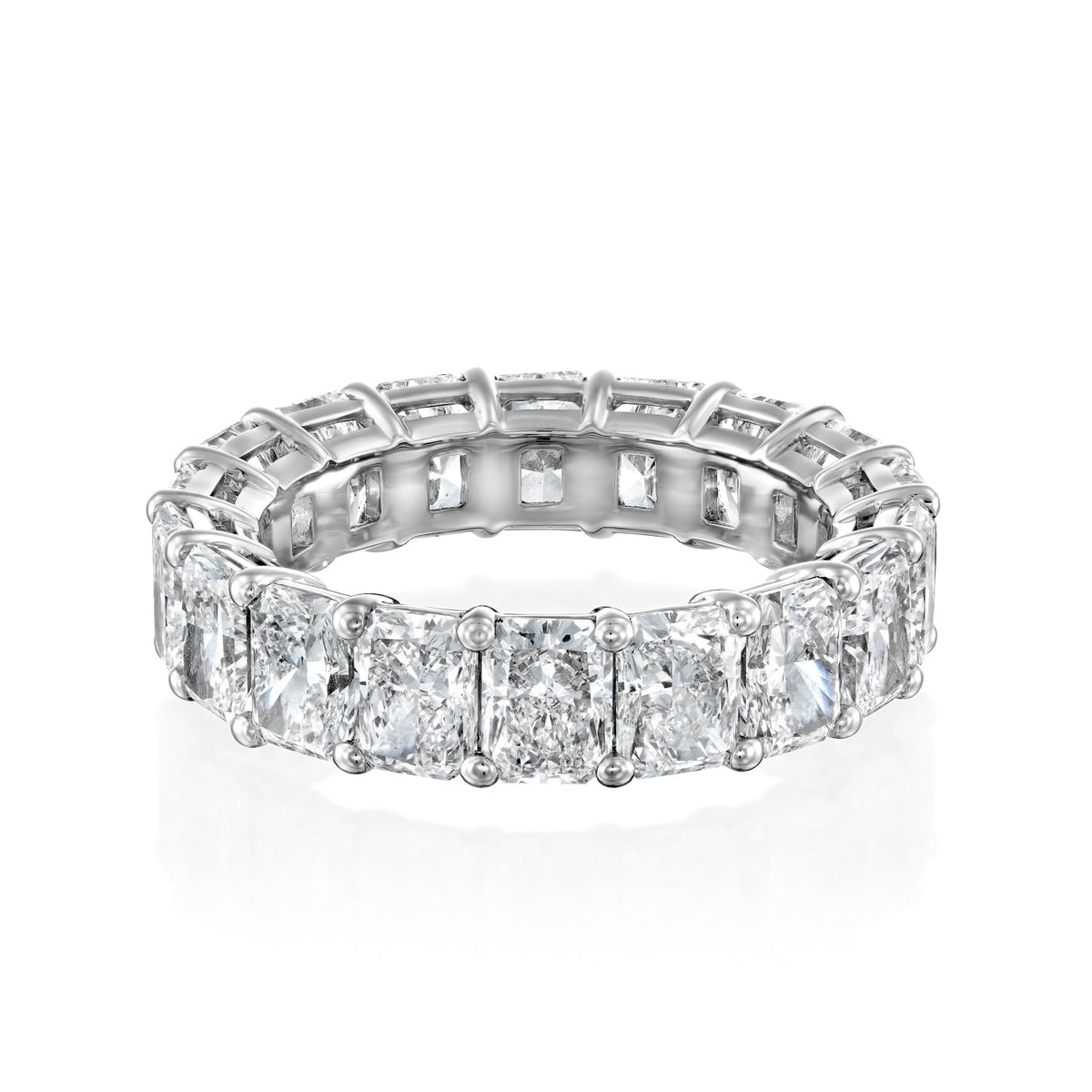 7ct Radiant Eternity. A White Gold Eternity Ring Set With 7tcw Radiant Lab Grown Diamonds. White Background.