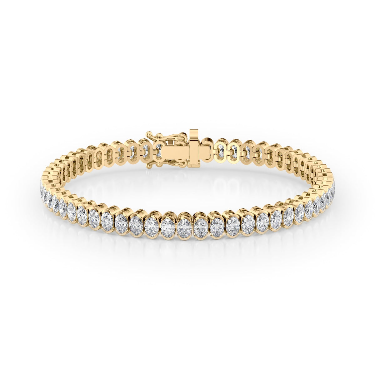 8ct Bezel Oval Tennis Bracelet. A Yellow Gold Tennis Bracelet Set With 8tcw Oval Lab Grown Diamonds. White Background.