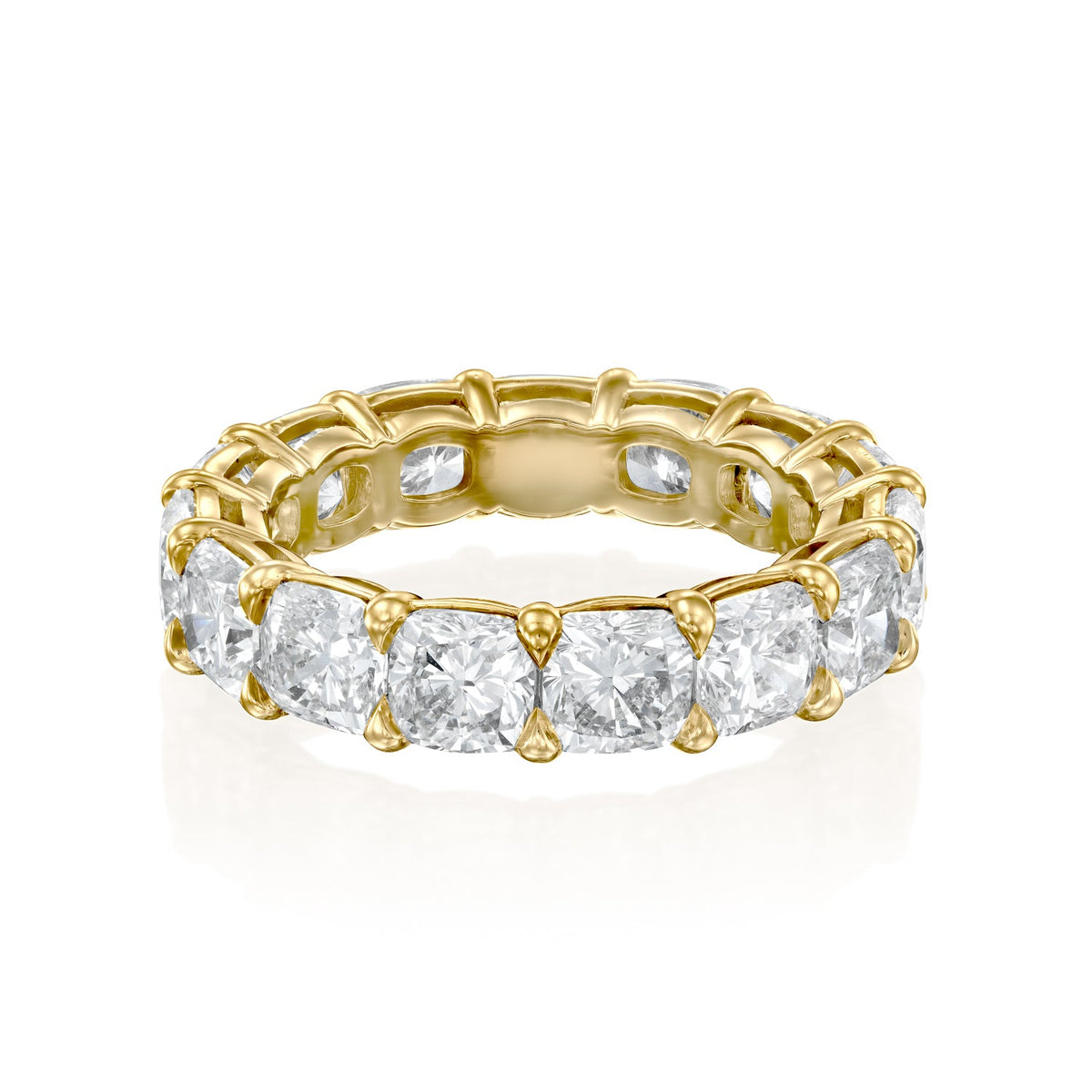 8ct Cushion Eternity. A Yellow Gold Eternity Ring Set With 8tcw Cushion Lab Grown Diamonds. White Background.