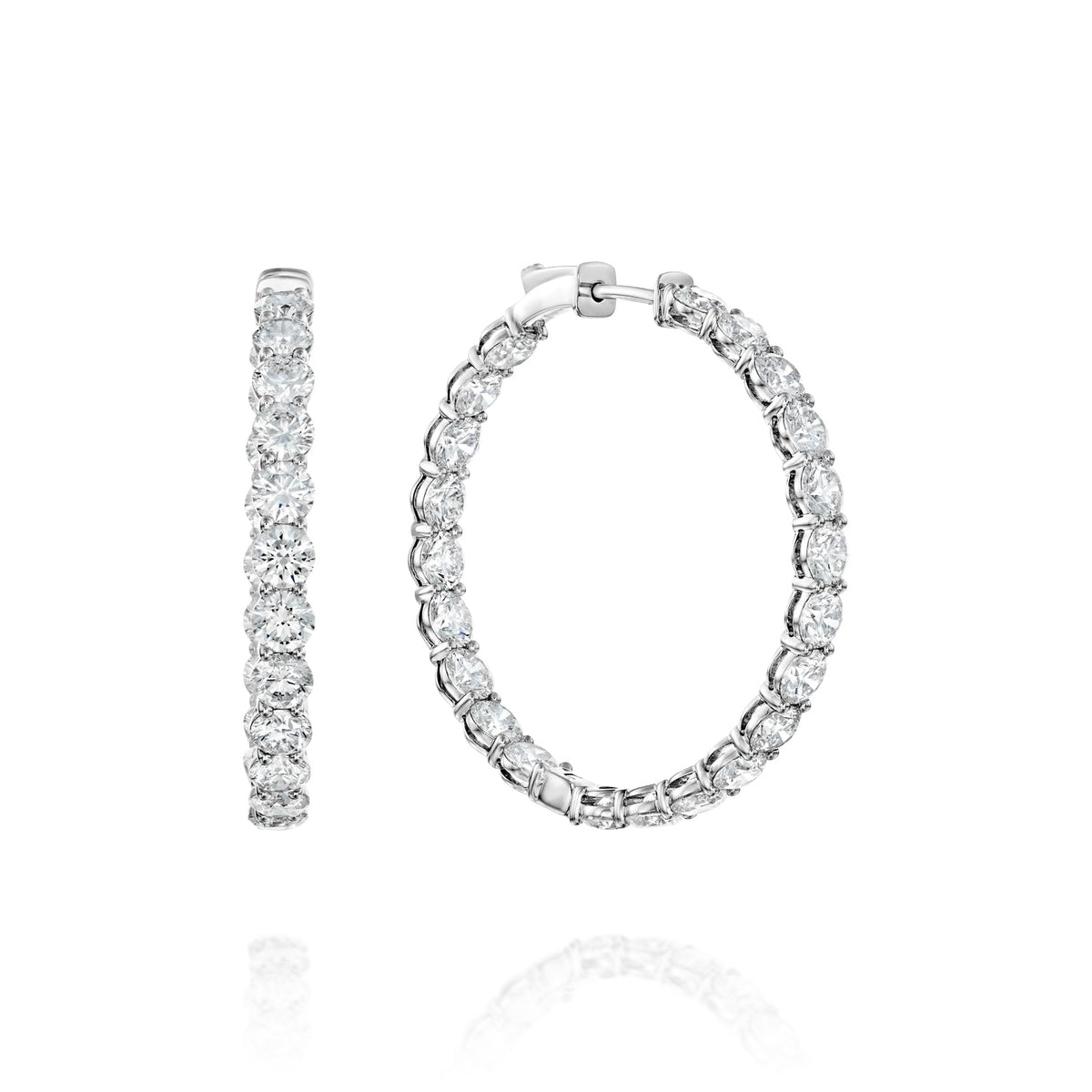 9ct 35mm Eternity Hoops. A White Gold Hoop Earrings Set With 9tcw Round Lab Grown Diamonds. White Background.