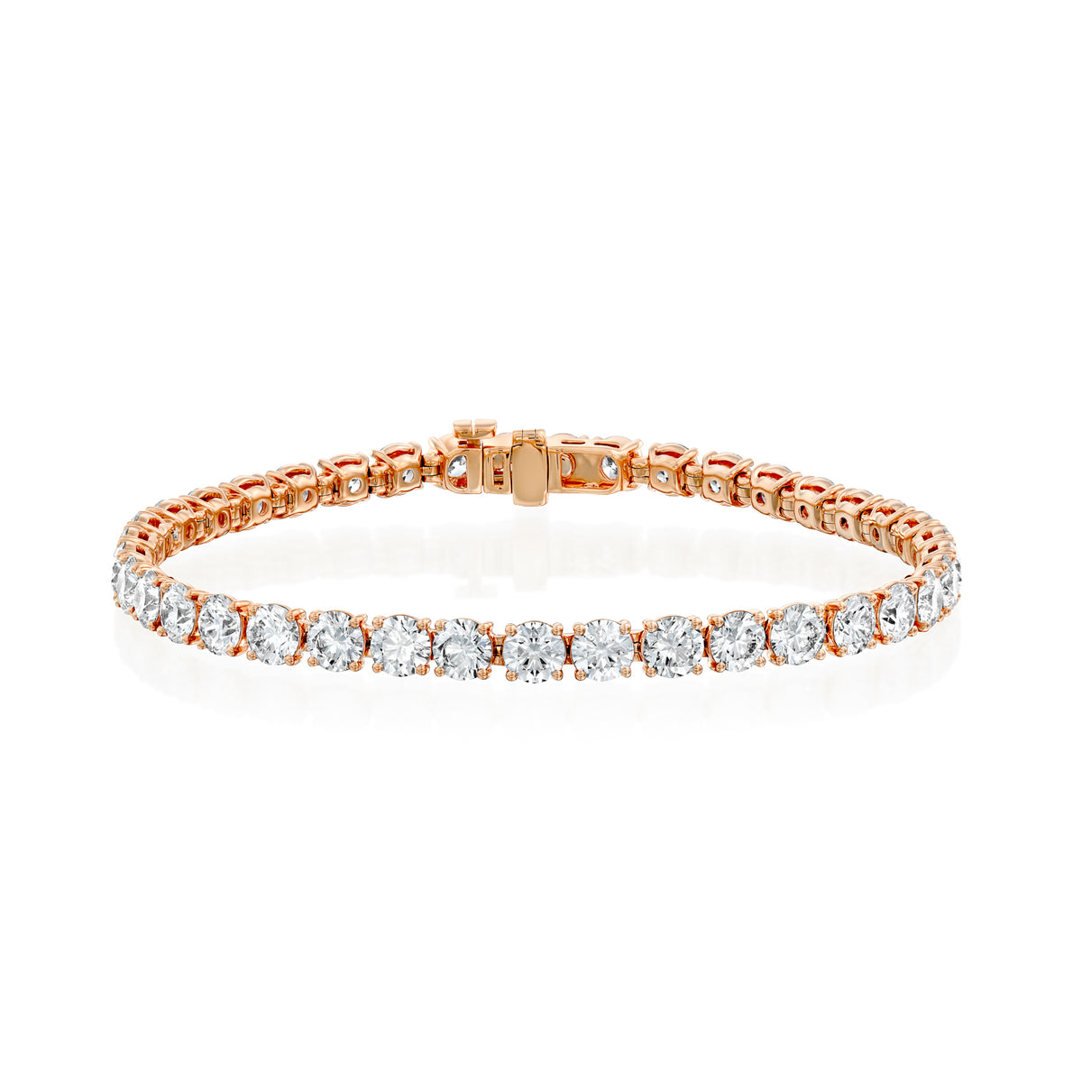 9ct Round Tennis Bracelet. A Rose Gold Tennis Bracelet Set With 9tcw Round Lab Grown Diamonds. White Background.