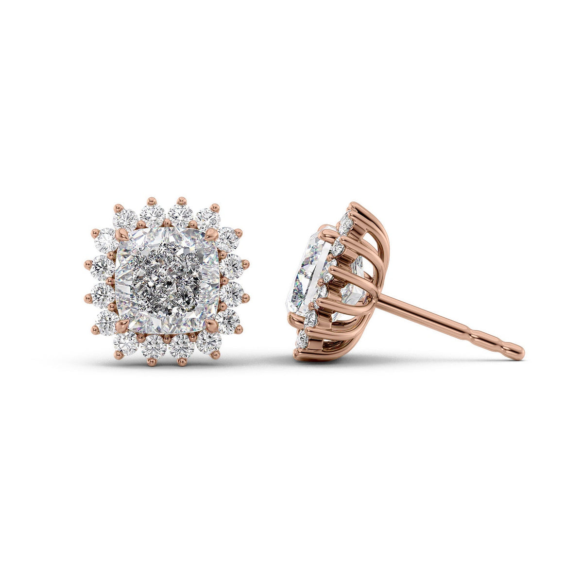 Accent Stone Stud Earrings Set With Cushion Lab Diamonds. A Rose Gold Accent Stones Diamond Stud Earrings Set With A 4ct Cushion Lab Diamond. White Background.