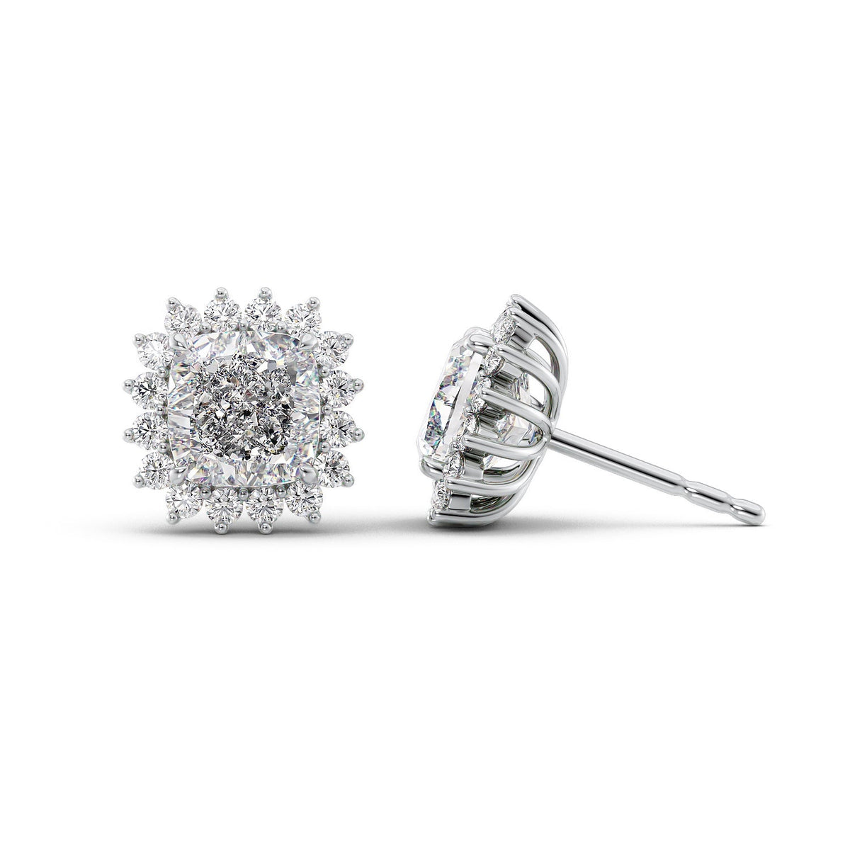 Accent Stone Stud Earrings Set With Cushion Lab Diamonds. A White Gold Accent Stones Diamond Stud Earrings Set With A 5ct Cushion Lab Diamond. White Background.