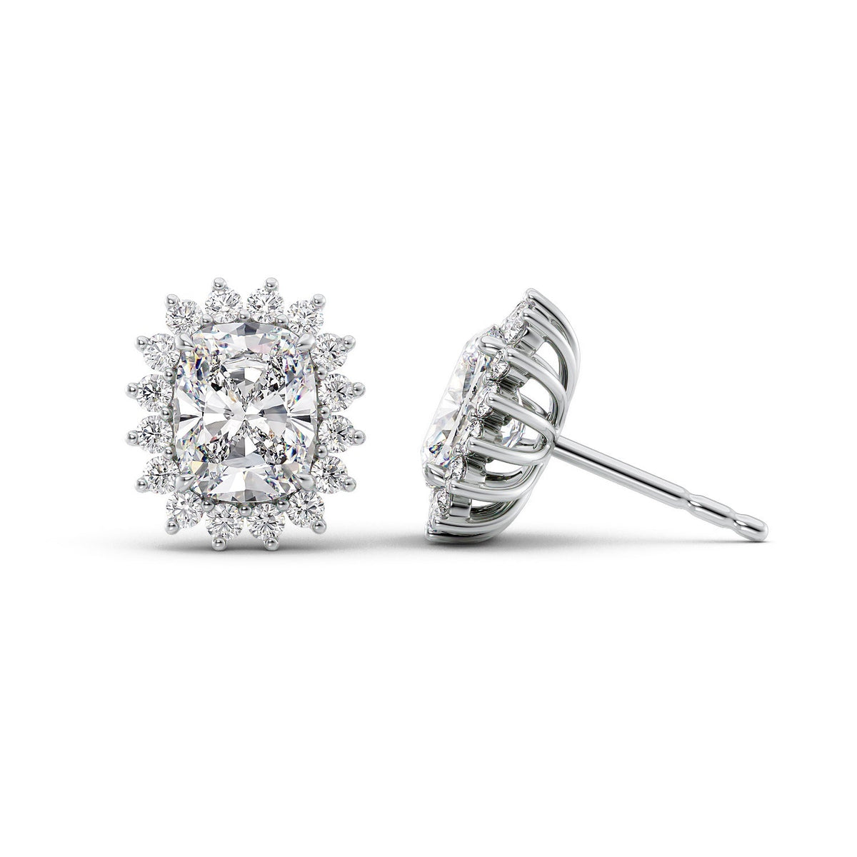 Accent Stone Stud Earrings Set With Elongated Cushion Lab Diamonds. A White Gold Accent Stones Diamond Stud Earrings Set With A 4ct Elongated Cushion Lab Diamond. White Background.