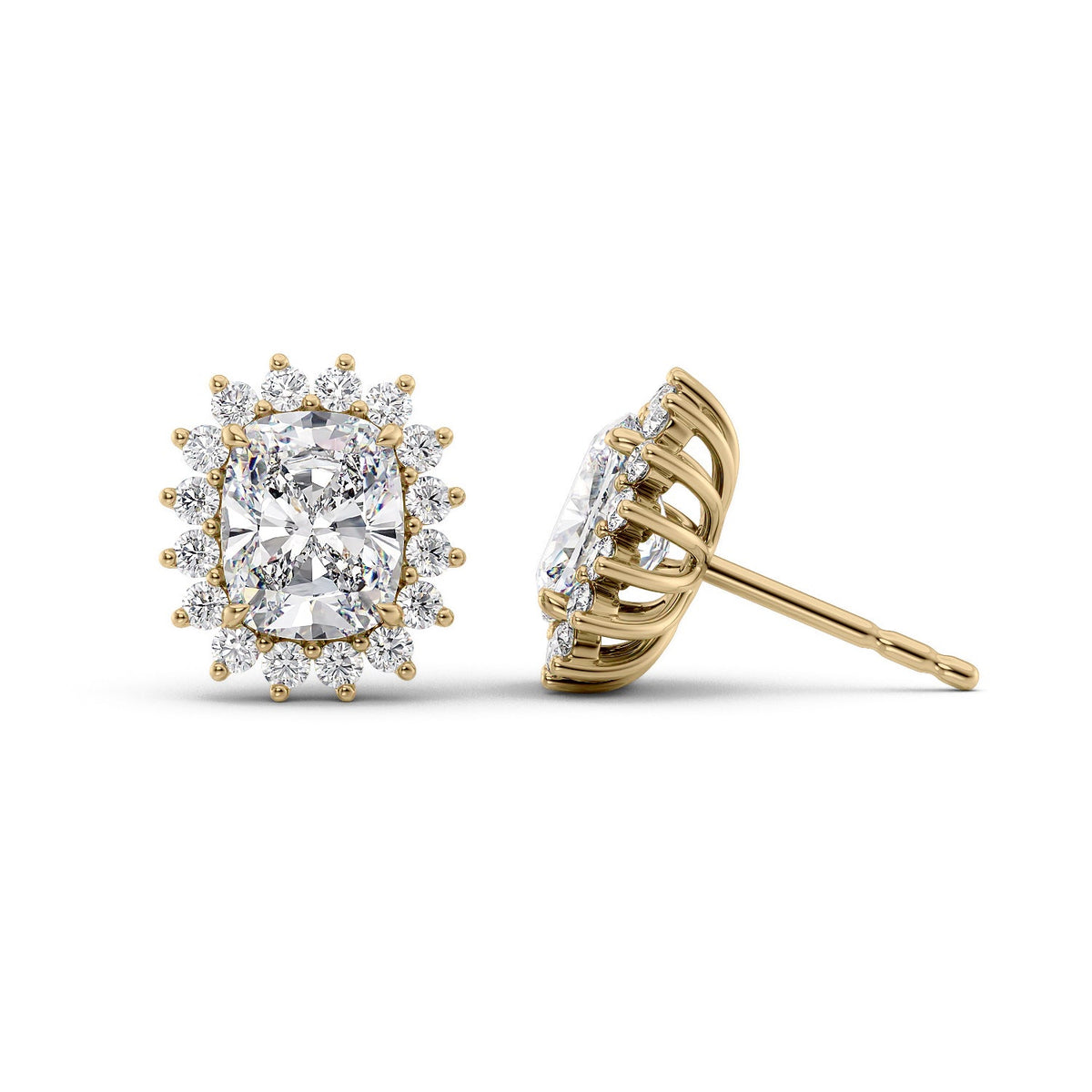 Accent Stone Stud Earrings Set With Elongated Cushion Lab Diamonds. A Yellow Gold Accent Stones Diamond Stud Earrings Set With A 5ct Elongated Cushion Lab Diamond. White Background.