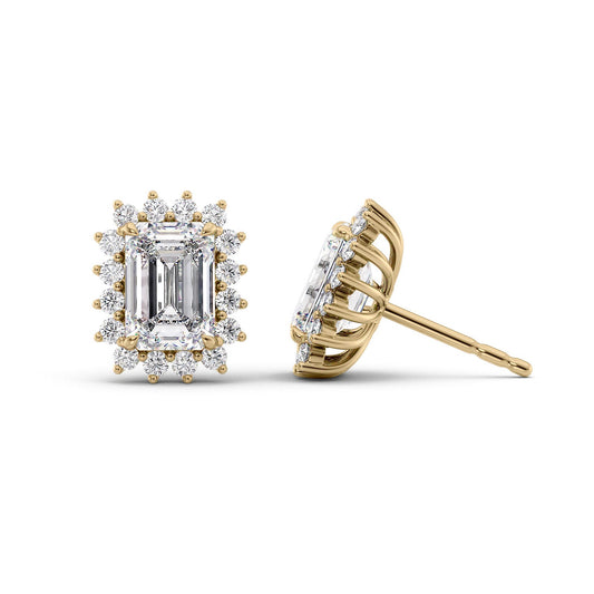 Accent Stone Stud Earrings Set With Emerald Lab Diamonds. A Yellow Gold Accent Stones Diamond Stud Earrings Set With A 1ct Emerald Lab Diamond. White Background.