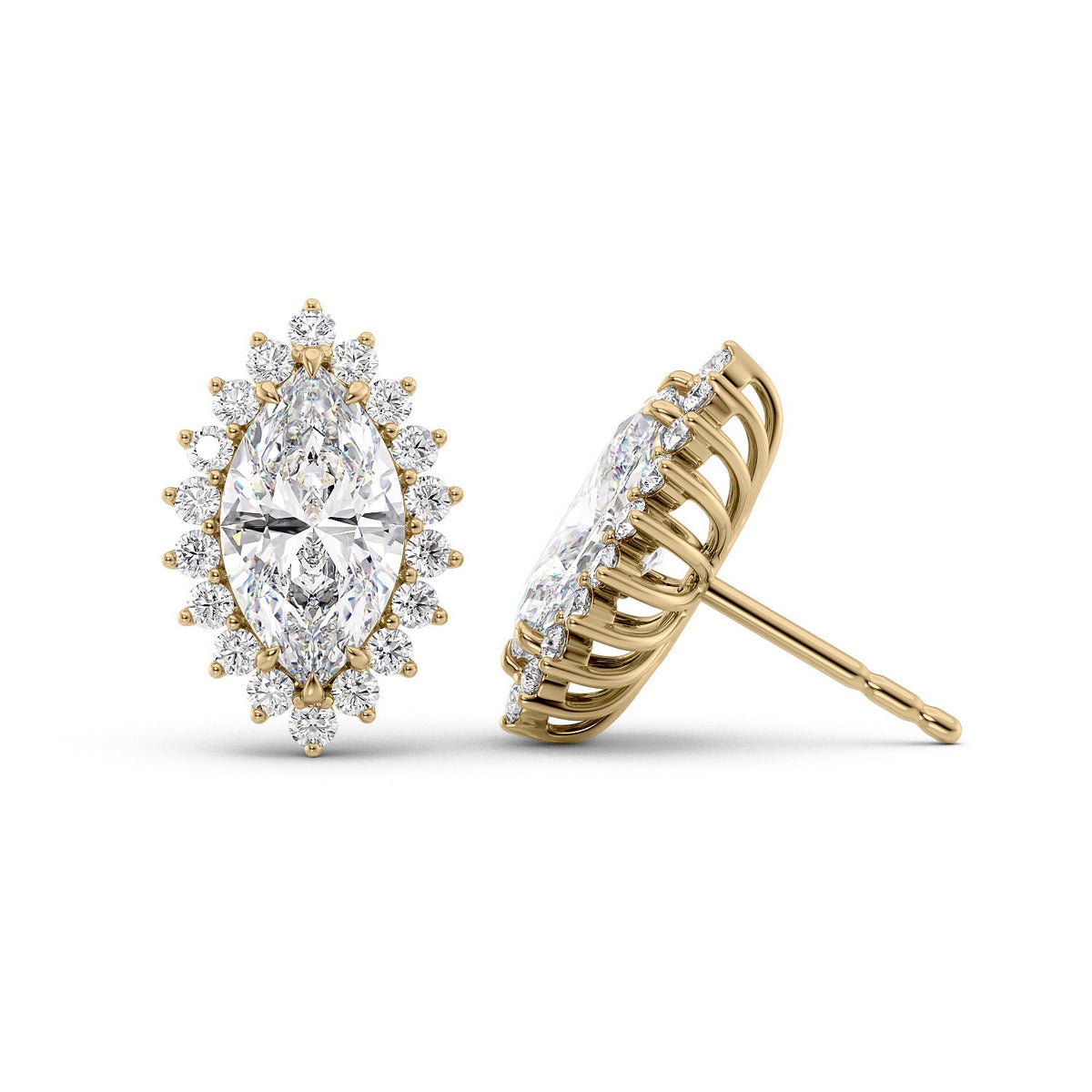 Accent Stone Stud Earrings Set With Marquise Lab Diamonds. A Yellow Gold Accent Stones Diamond Stud Earrings Set With A 1ct Marquise Lab Diamond. White Background.