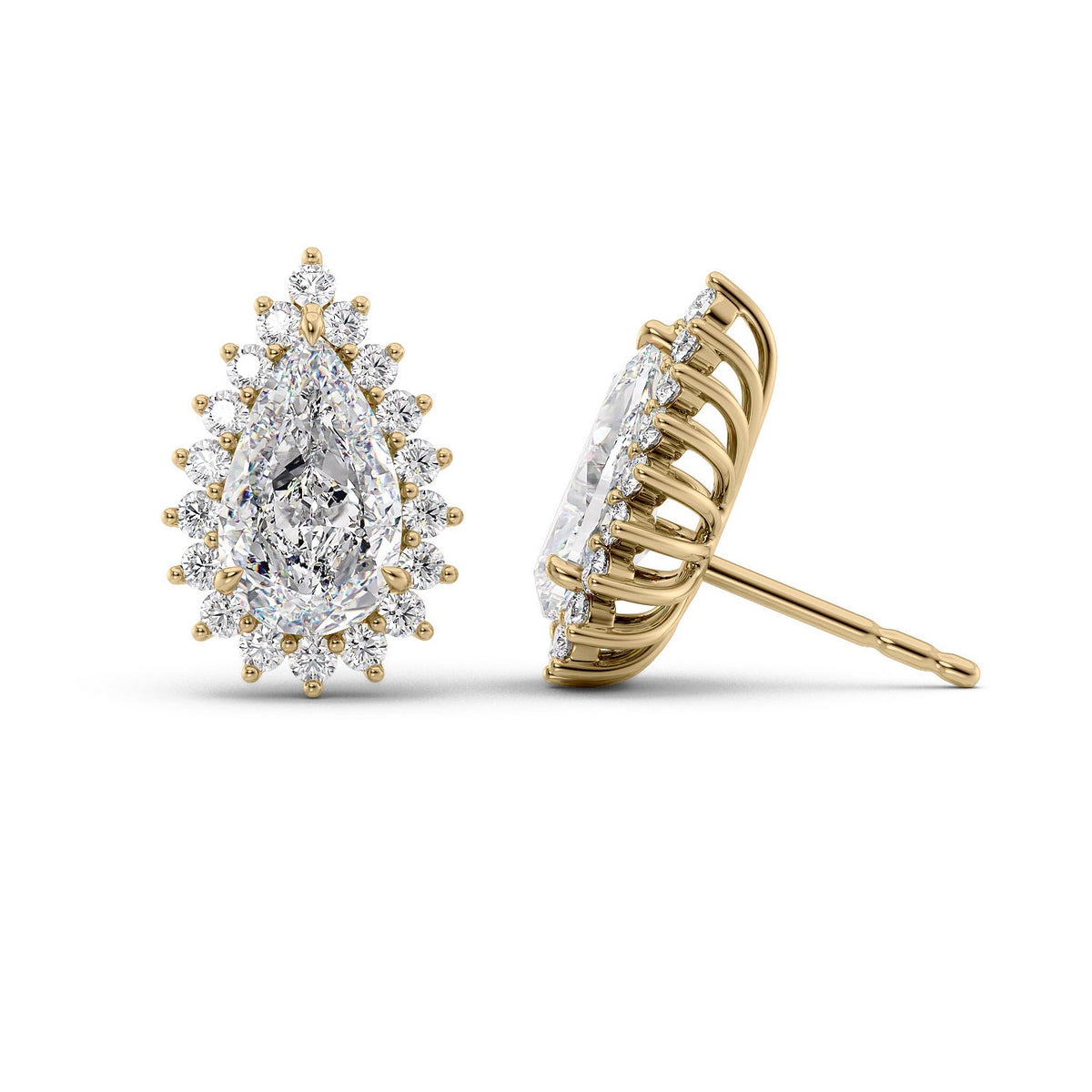 Accent Stone Stud Earrings Set With Pear Lab Diamonds. A Yellow Gold Accent Stones Diamond Stud Earrings Set With A 1ct Princess Lab Diamond. White Background.