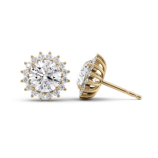 Accent Stone Stud Earrings Set With Round Lab Diamonds. A Yellow Gold Accent Stones Diamond Stud Earrings Set With A 1ct Round Lab Diamond. White Background.