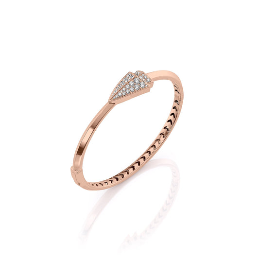 Aim Forward Bangle. A Rose Gold Designer Bangle Bracelet Set With 0.9tcw Round Lab Grown Diamonds. White Background.