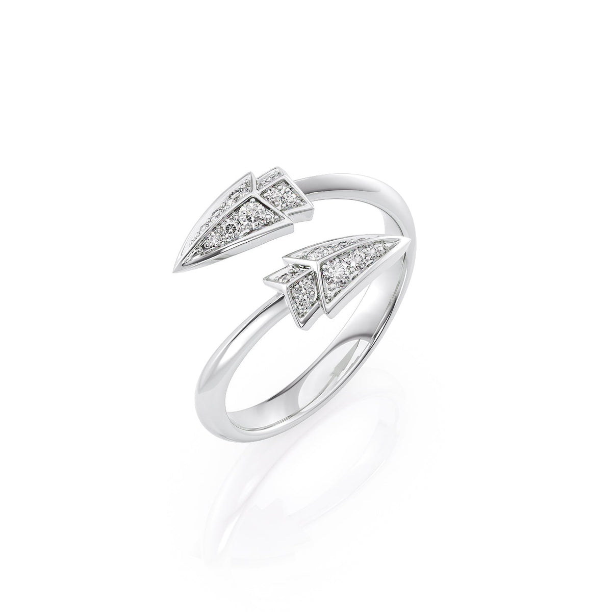 Aim Forward Bypass Ring. A White Gold Designer Bypass Ring Set With 0.2tcw Round Lab Grown Diamonds. White Background.