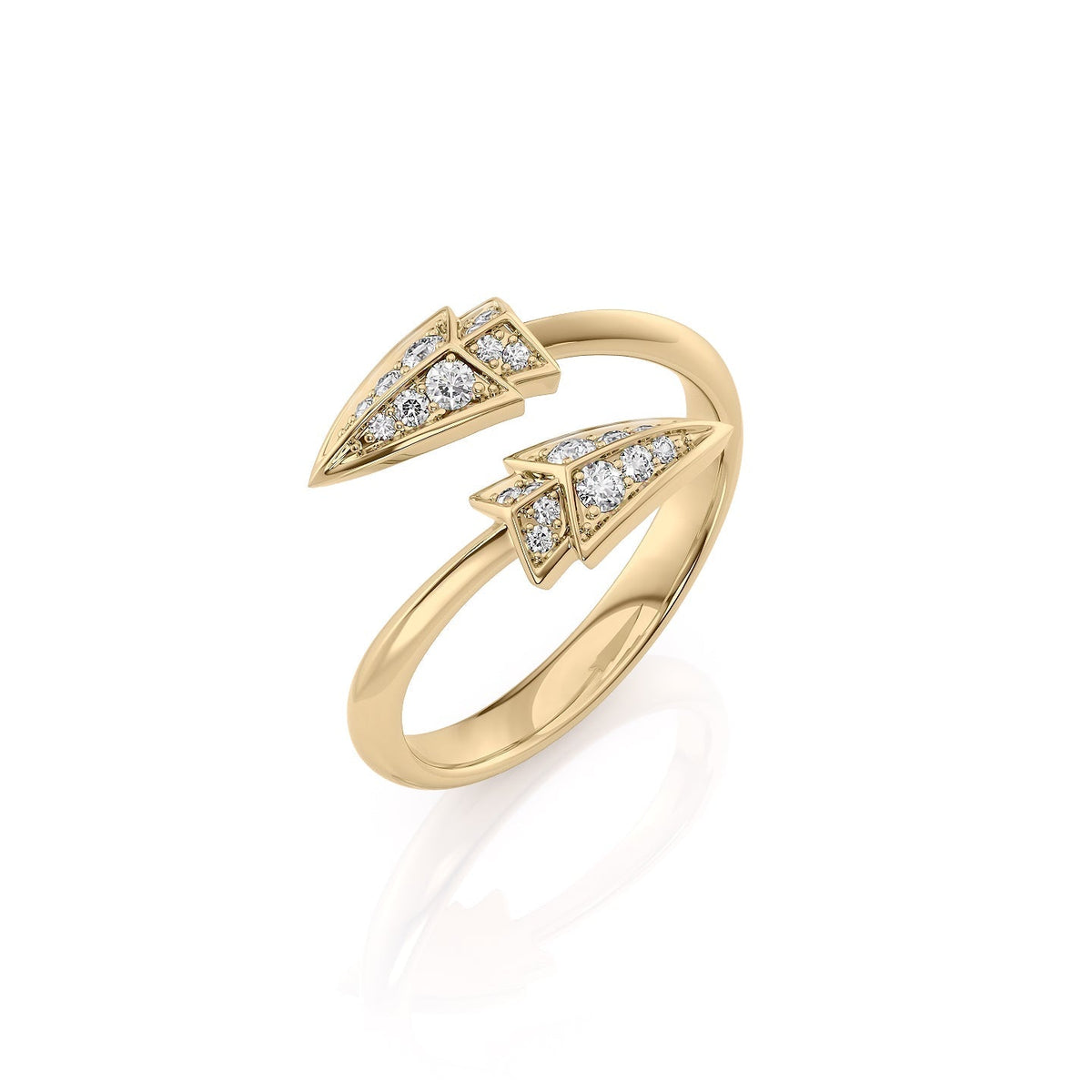 Aim Forward Bypass Ring. A Yellow Gold Designer Bypass Ring Set With 0.2tcw Round Lab Grown Diamonds. White Background.
