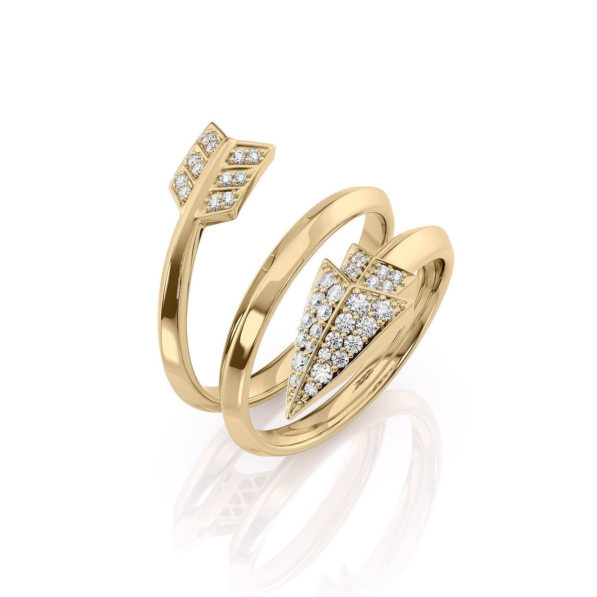 Aim Forward Coil Ring. A Yellow Gold Designer Coil Ring Set With 0.25tcw Round Lab Grown Diamonds. White Background.