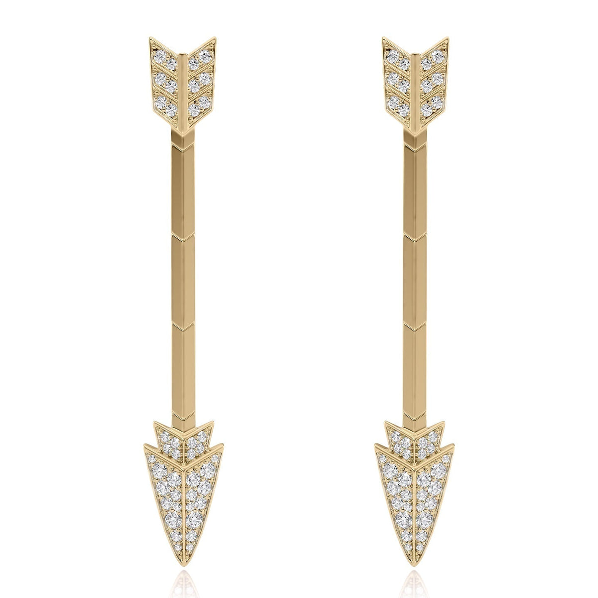 Aim Forward Drop Earrings. A Yellow Gold Designer Drop Earrings Set With 0.8tcw Round Lab Grown Diamonds. White Background.