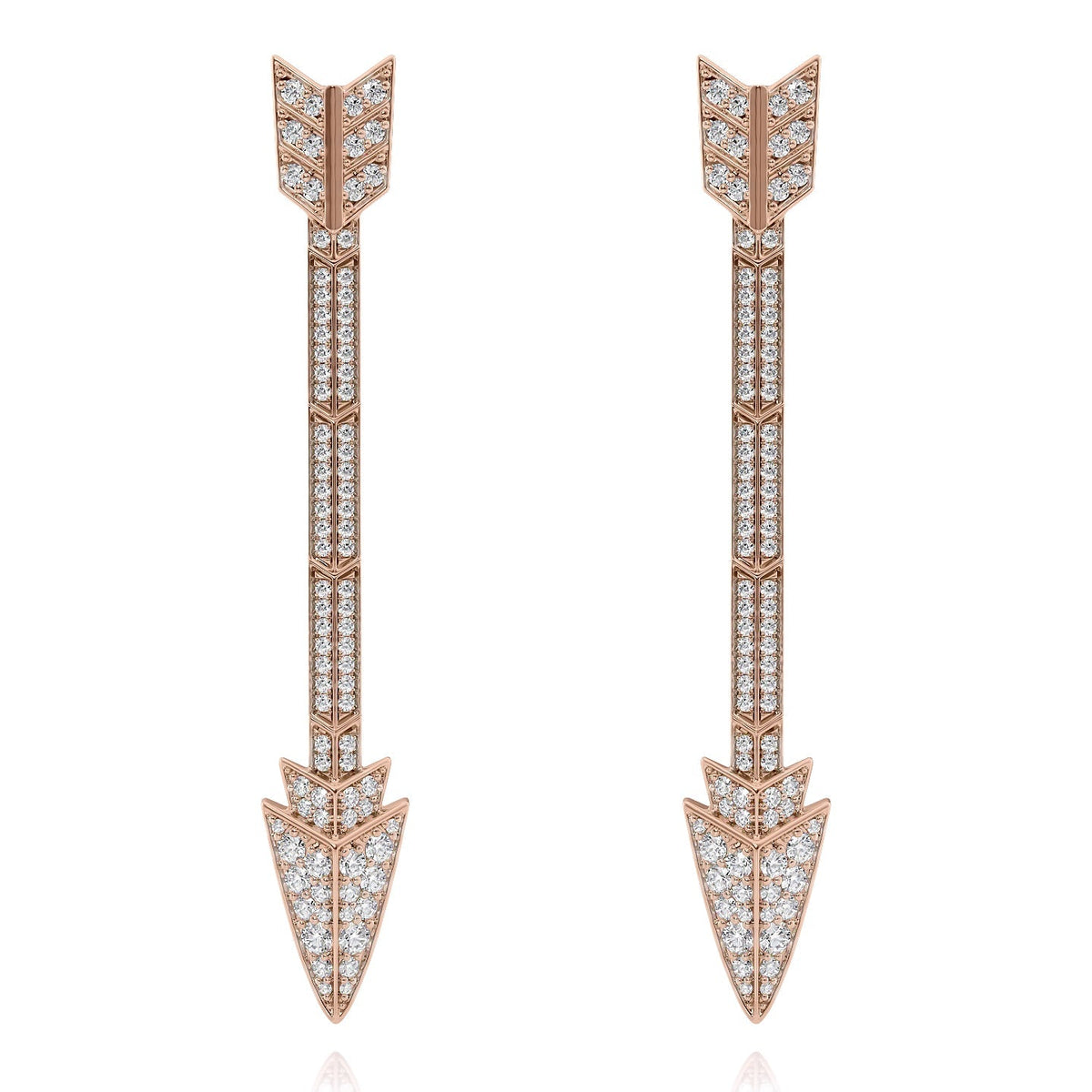 Aim Forward Pave Drop Earrings. A Rose Gold Designer Drop Earrings Set With 1.1tcw Round Lab Grown Diamonds. White Background.