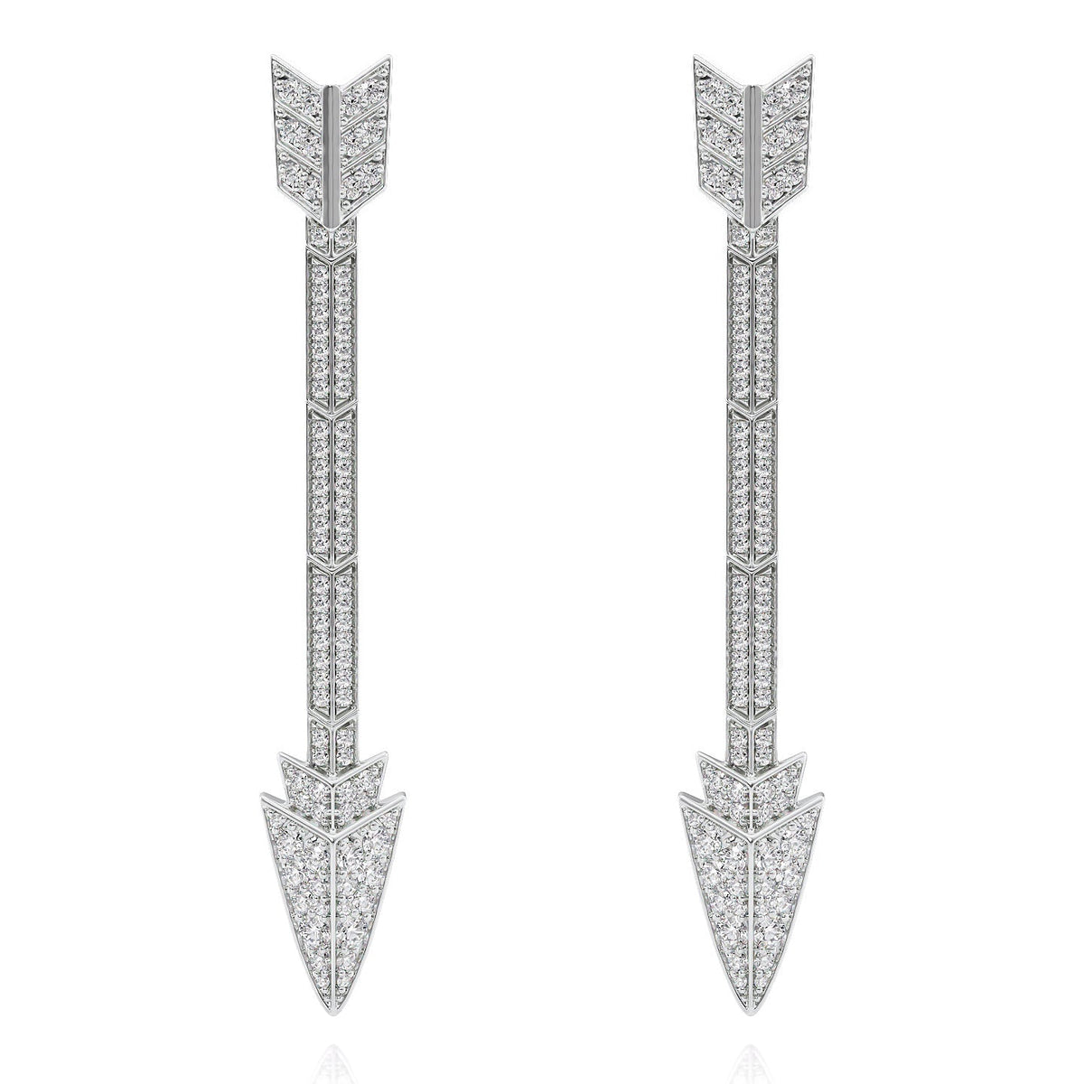 Aim Forward Pave Drop Earrings. A White Gold Designer Drop Earrings Set With 1.1tcw Round Lab Grown Diamonds. White Background.