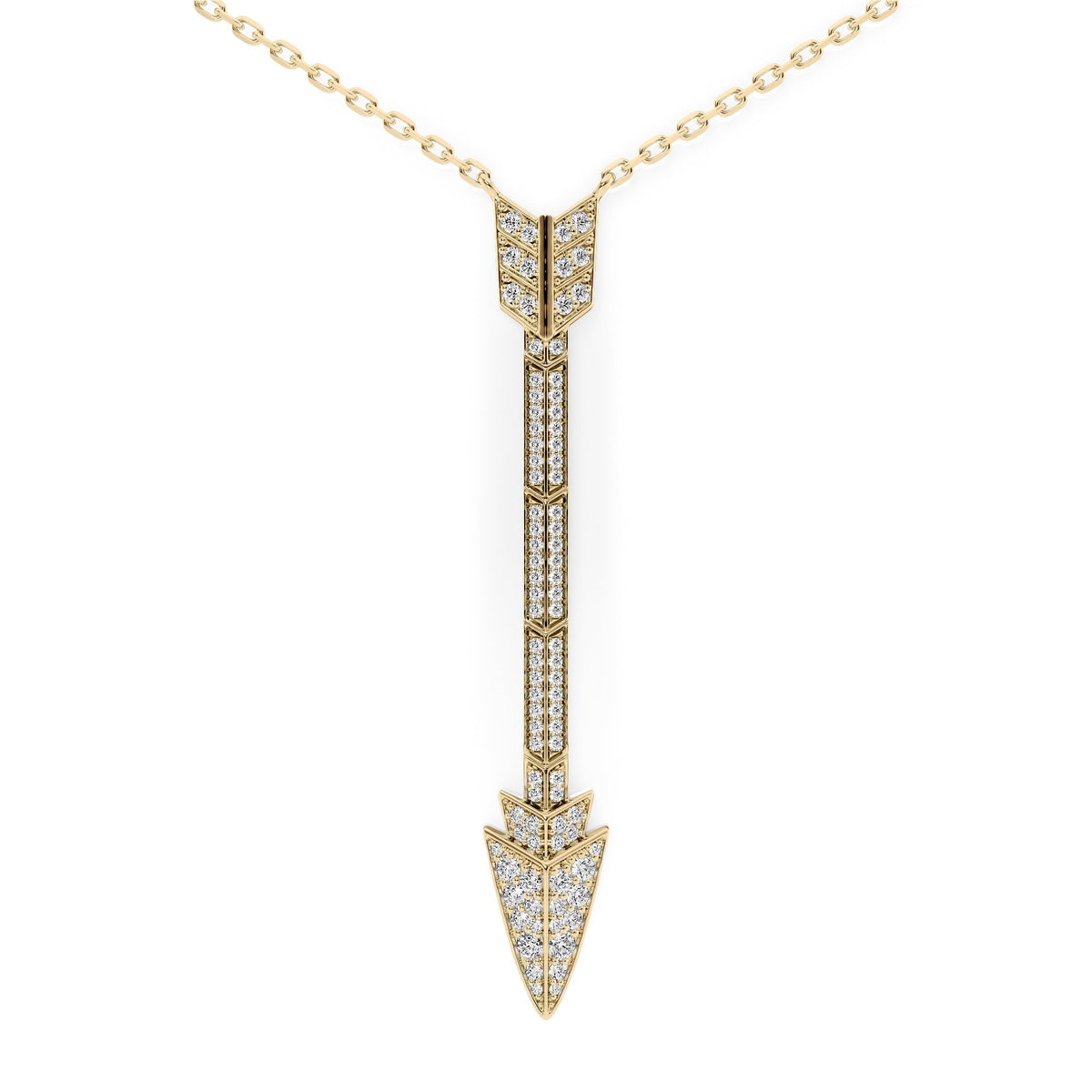 Aim Forward Pave Drop Pendant. A Yellow Gold Designer Pendant Set With 0.55tcw Round Lab Grown Diamonds. White Background.