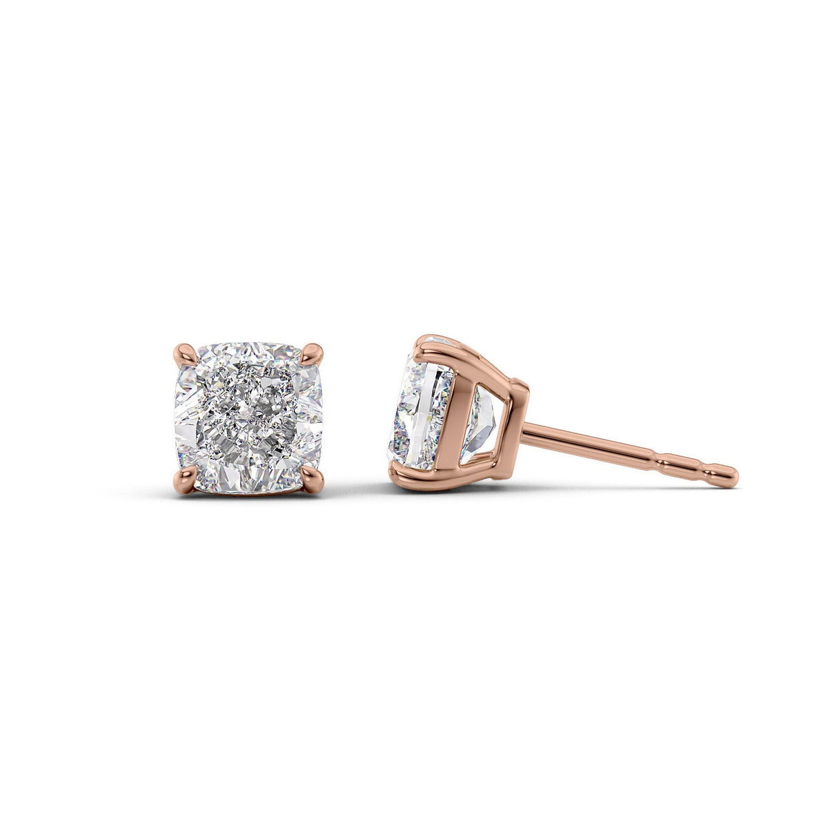 Basket Stud Earrings Set With Cushion Lab Diamonds. A Rose Gold Diamond Stud Earrings Set With A 4ct Cushion Lab Diamond. White Background.