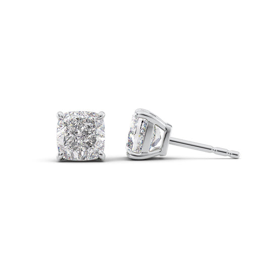 Basket Stud Earrings Set With Cushion Lab Diamonds. A White Gold Diamond Stud Earrings Set With A 1ct Cushion Lab Diamond. White Background.
