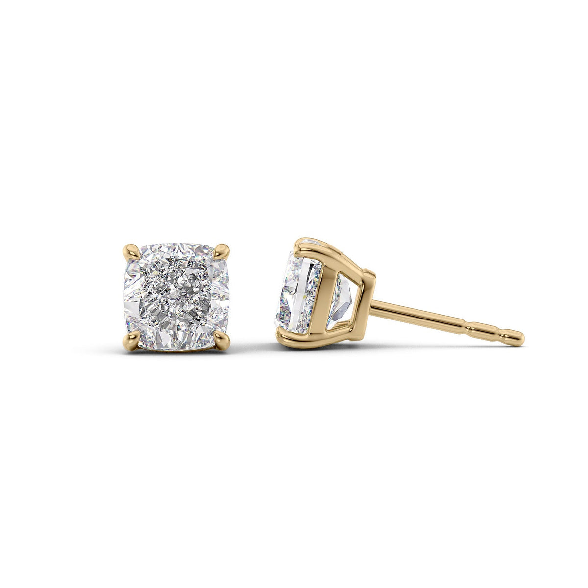 Basket Stud Earrings Set With Cushion Lab Diamonds. A Yellow Gold Diamond Stud Earrings Set With A 3ct Cushion Lab Diamond. White Background.