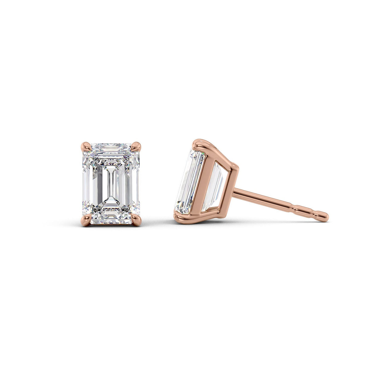 Basket Stud Earrings Set With Emerald Lab Diamonds. A Rose Gold Diamond Stud Earrings Set With 3tcw Emerald Lab Diamonds (1.5ct Each). White Background.
