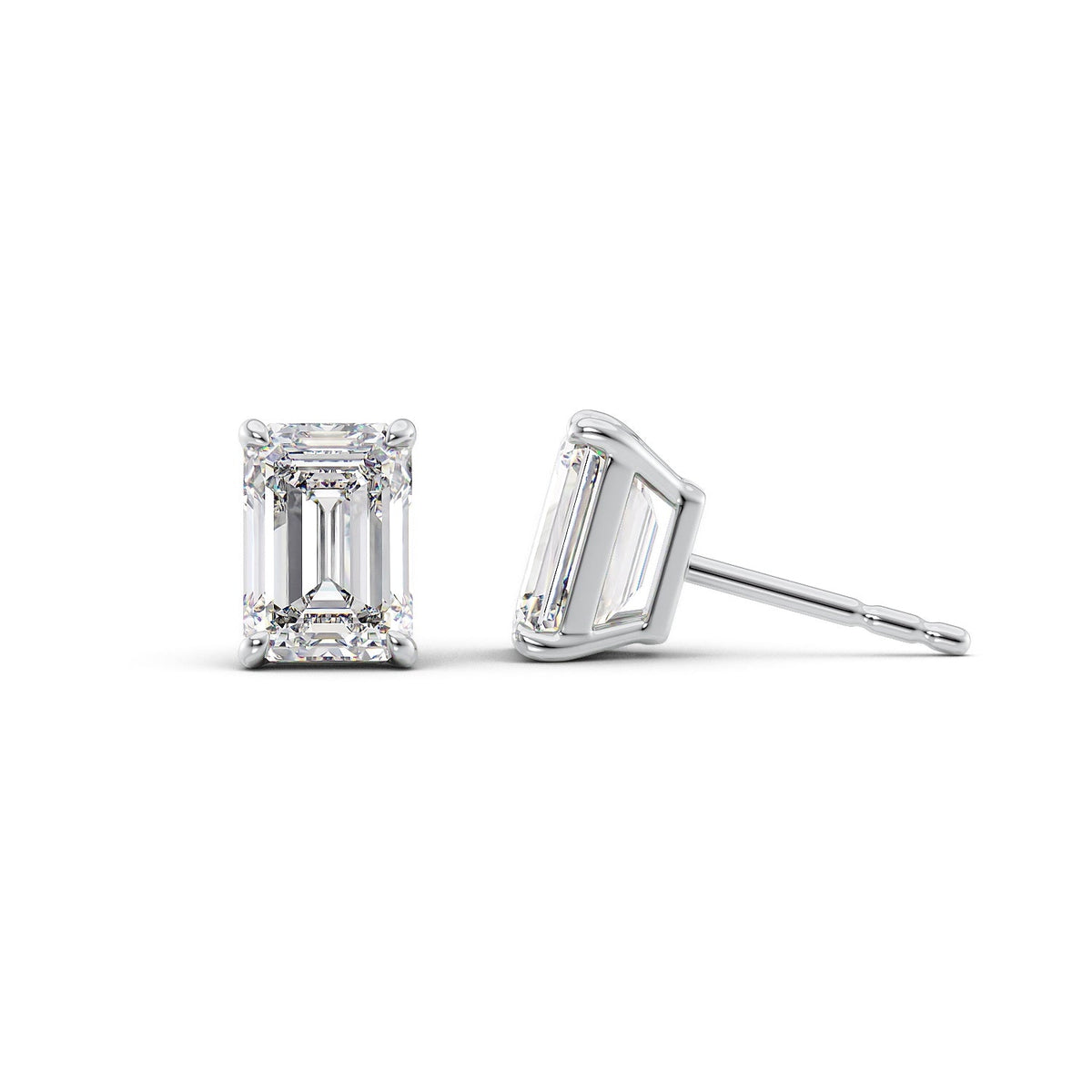 Basket Stud Earrings Set With Emerald Lab Diamonds. A White Gold Diamond Stud Earrings Set With 3tcw Emerald Lab Diamonds (1.5ct Each). White Background.