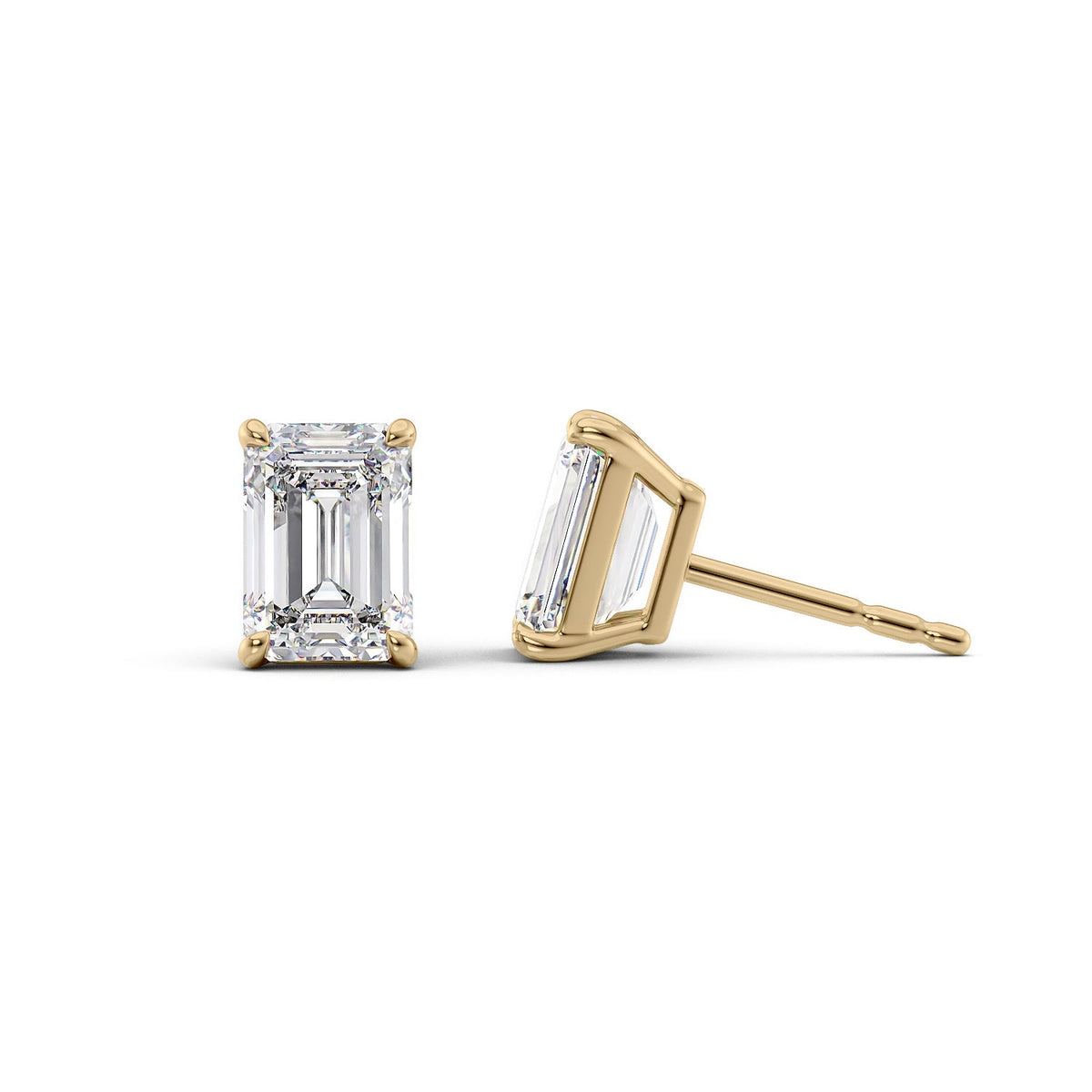 Basket Stud Earrings Set With Emerald Lab Diamonds. A Yellow Gold Diamond Stud Earrings Set With 3tcw Emerald Lab Diamonds (1.5ct Each). White Background.