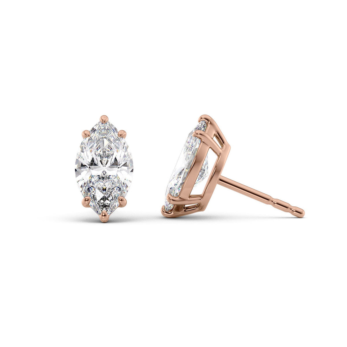 Basket Stud Earrings Set With Marquise Lab Diamonds. A Rose Gold Diamond Stud Earrings Set With A 3ct Marquise Lab Diamond. White Background.