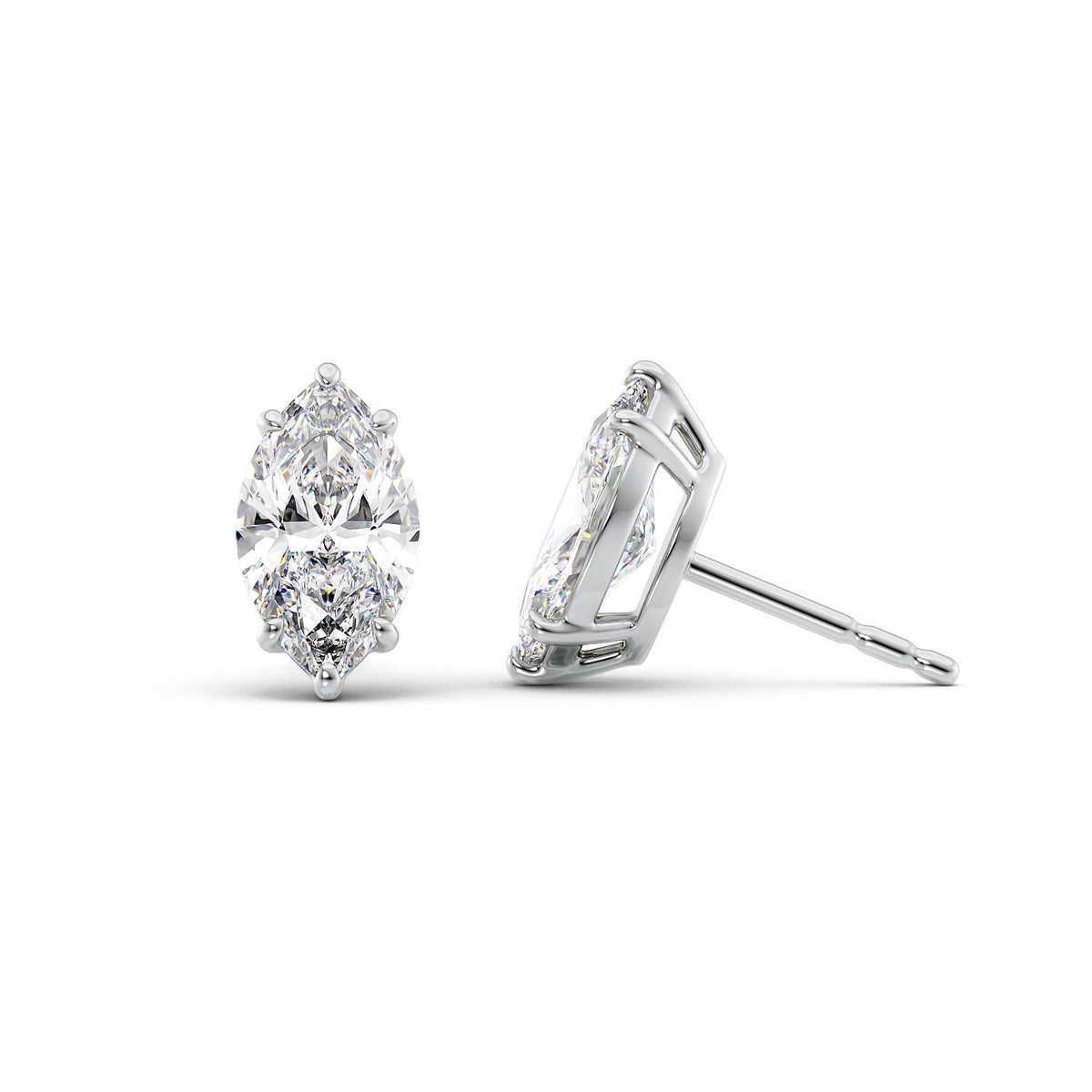 Basket Stud Earrings Set With Marquise Lab Diamonds. A White Gold Diamond Stud Earrings Set With A 1ct Marquise Lab Diamond. White Background.