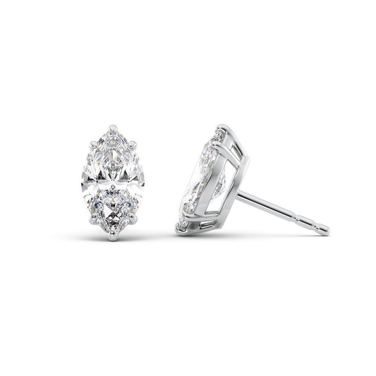 Basket Stud Earrings Set With Marquise Lab Diamonds. A White Gold Diamond Stud Earrings Set With A 1ct Marquise Lab Diamond. White Background.