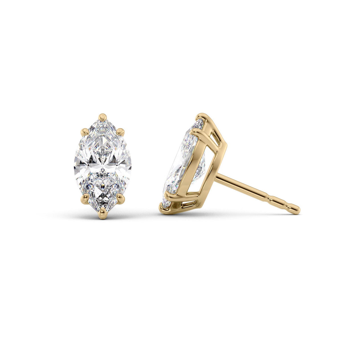Basket Stud Earrings Set With Marquise Lab Diamonds. A Yellow Gold Diamond Stud Earrings Set With A 1ct Marquise Lab Diamond. White Background.