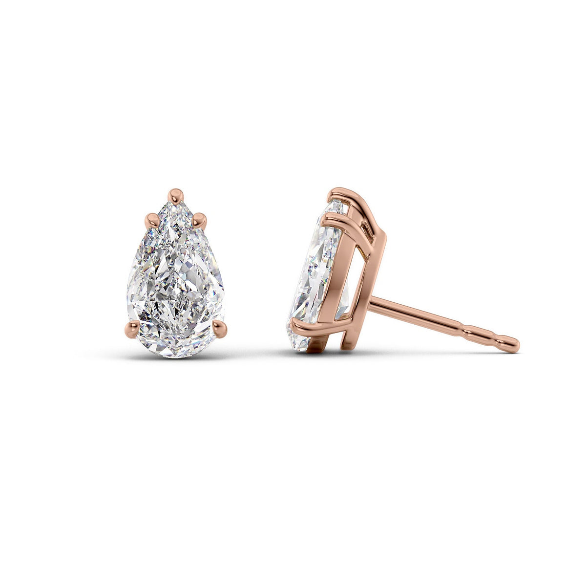 Basket Stud Earrings Set With Pear Lab Diamonds. A Rose Gold Diamond Stud Earrings Set With 3tcw Pear Lab Diamonds (1.5ct Each). White Background.