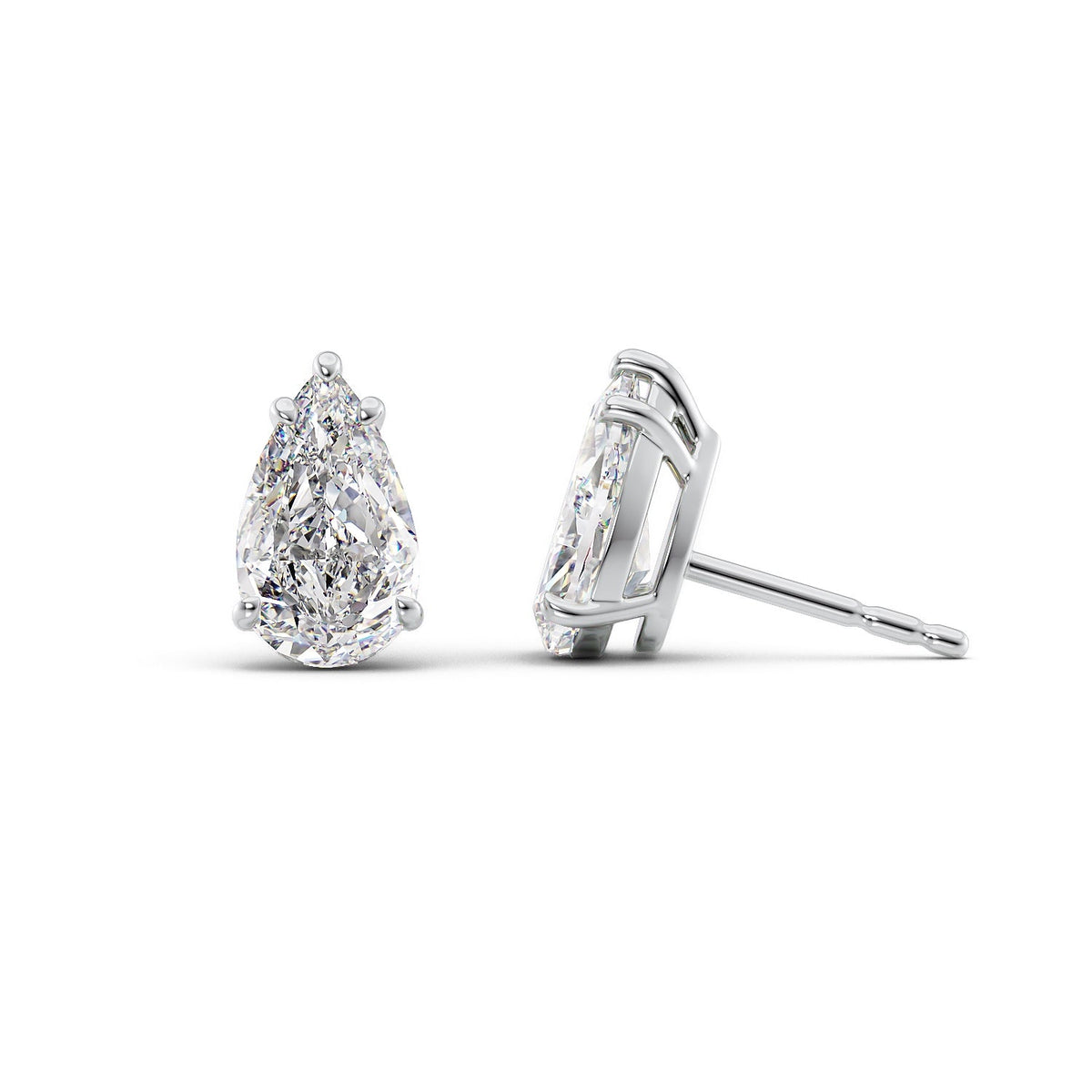 Basket Stud Earrings Set With Pear Lab Diamonds. A White Gold Diamond Stud Earrings Set With 3tcw Pear Lab Diamonds (1.5ct Each). White Background.