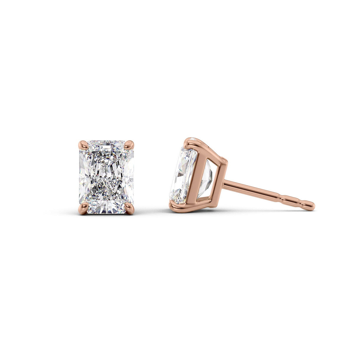 Basket Stud Earrings Set With Radiant Lab Diamonds. A Rose Gold Diamond Stud Earrings Set With A 5ct Radiant Lab Diamond. White Background.