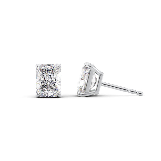 Basket Stud Earrings Set With Radiant Lab Diamonds. A White Gold Diamond Stud Earrings Set With A 1ct Radiant Lab Diamond. White Background.