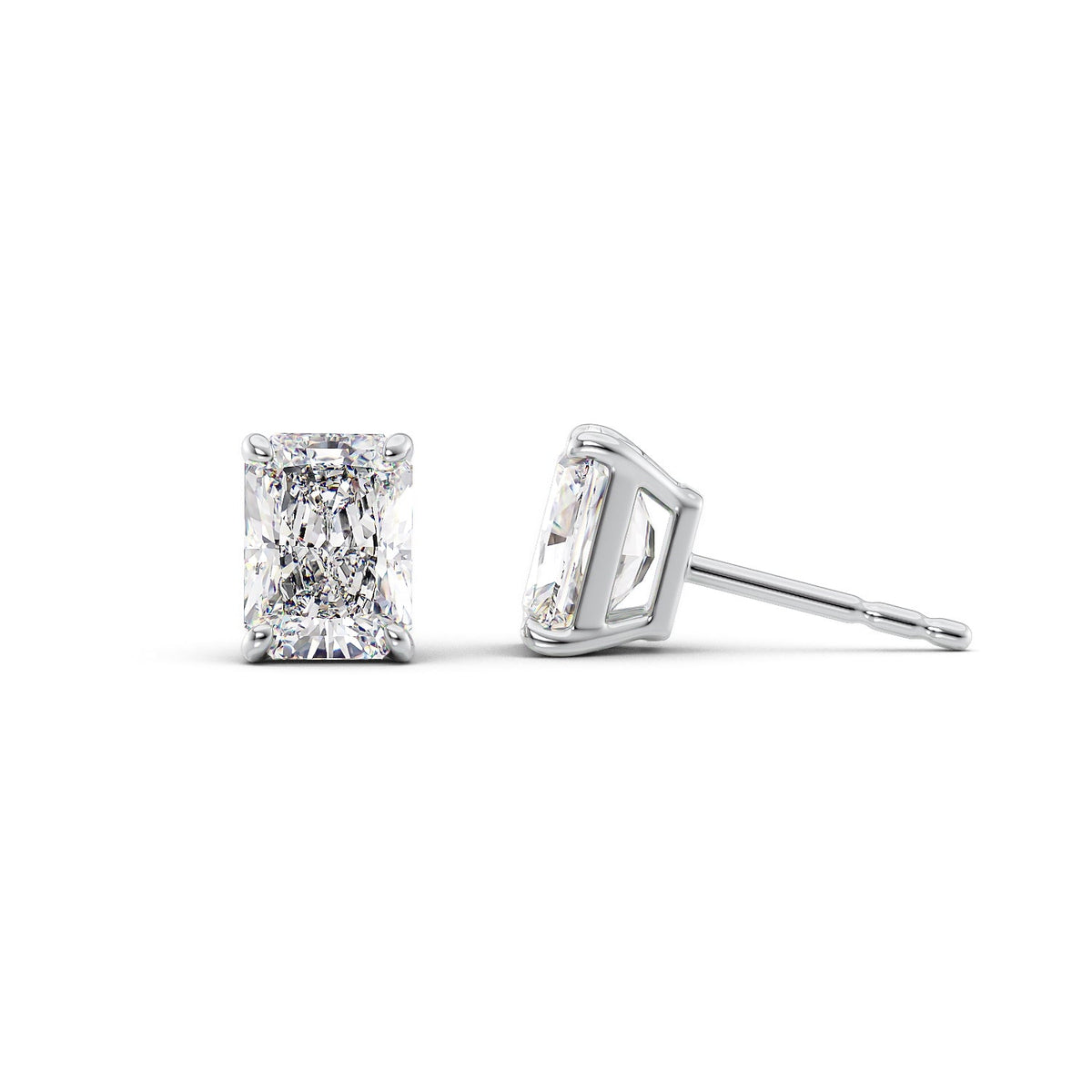 Basket Stud Earrings Set With Radiant Lab Diamonds. A White Gold Diamond Stud Earrings Set With A 5ct Radiant Lab Diamond. White Background.