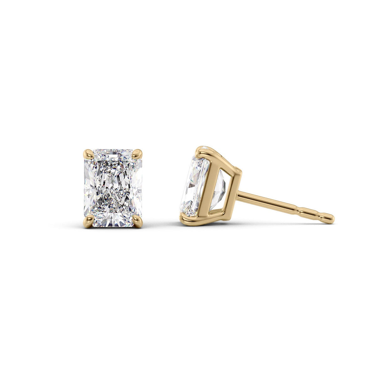 Basket Stud Earrings Set With Radiant Lab Diamonds. A Yellow Gold Diamond Stud Earrings Set With A 1ct Radiant Lab Diamond. White Background.