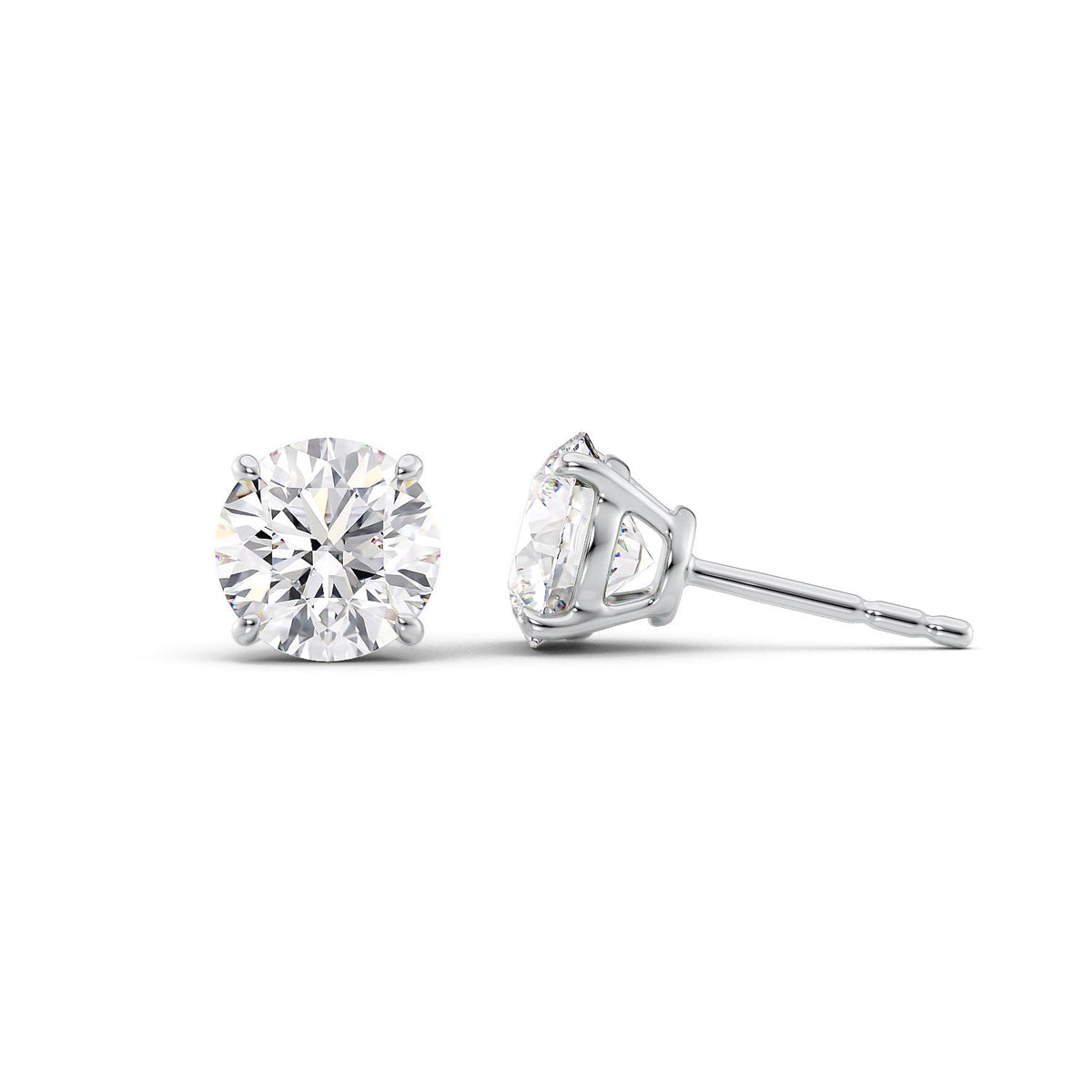 Basket Stud Earrings Set With Round Lab Diamonds. A White Gold Diamond Stud Earrings Set With A 1ct Round Lab Diamond. White Background.
