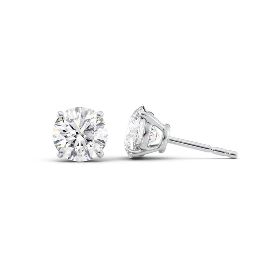 Basket Stud Earrings Set With Round Lab Diamonds. A White Gold Diamond Stud Earrings Set With A 1ct Round Lab Diamond. White Background.