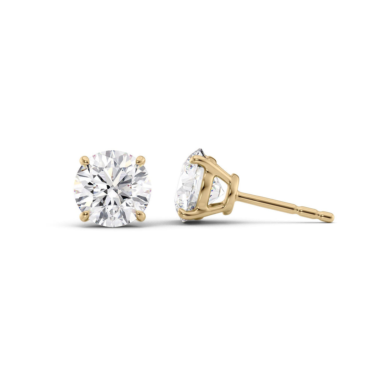 Basket Stud Earrings Set With Round Lab Diamonds. A Yellow Gold Diamond Stud Earrings Set With A 2ct Round Lab Diamond. White Background.